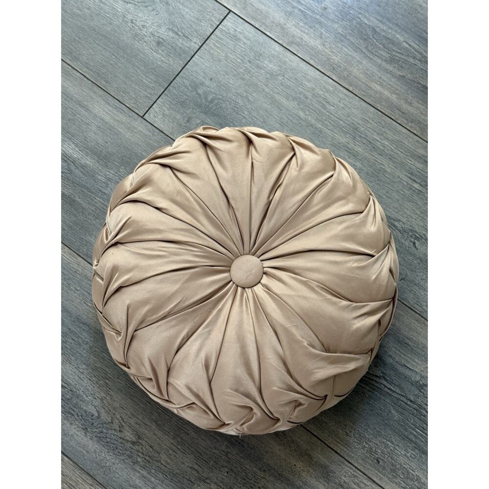 Round Tufted Decorative Pillow Cushion Pleated Beige Hollywood Regency Decor
